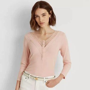 NWT Lauren Ralph Lauren Lace-Trim Henley Top Pale Pink XS